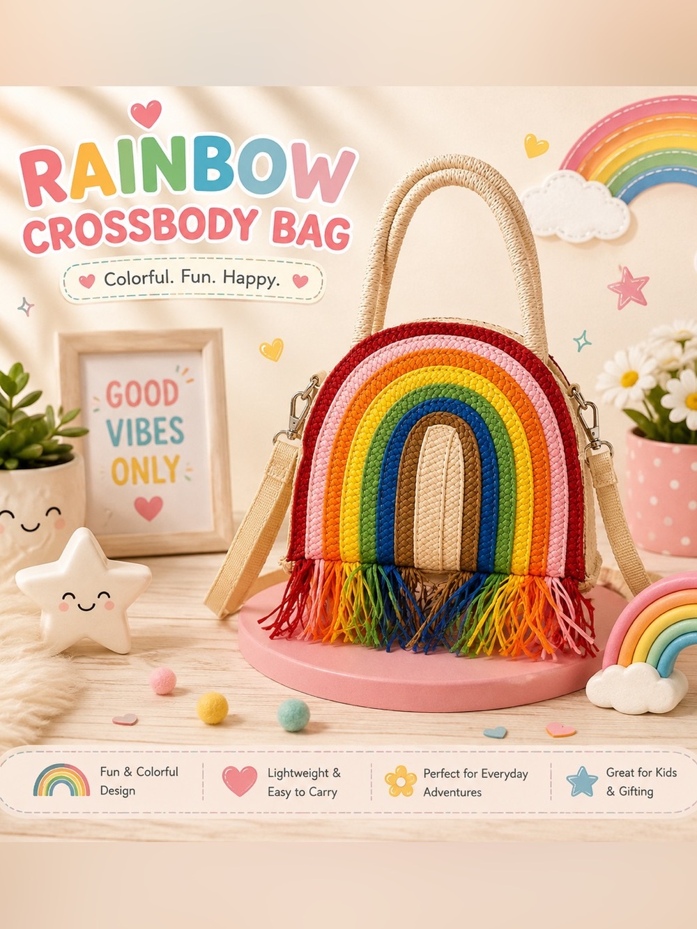 NWOT Rainbow Straw Crossbody Bag for Kids – Multicolor